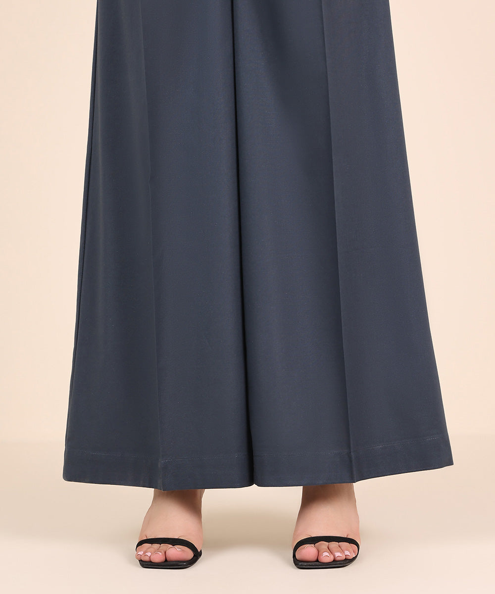 Women's RTW Cambric Blue Solid Flared Pants