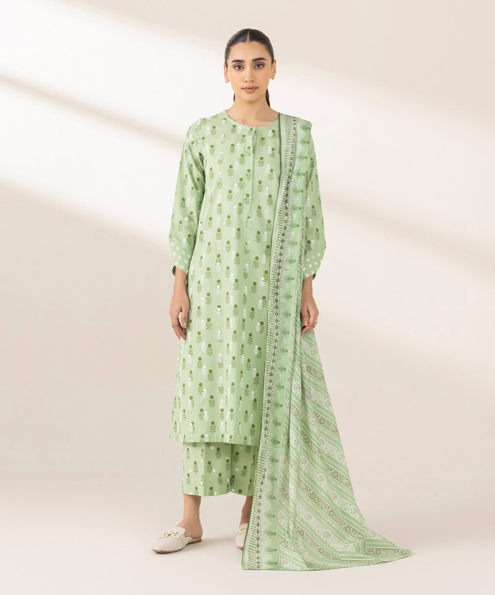 Textured Voile Green Printed Dupatta