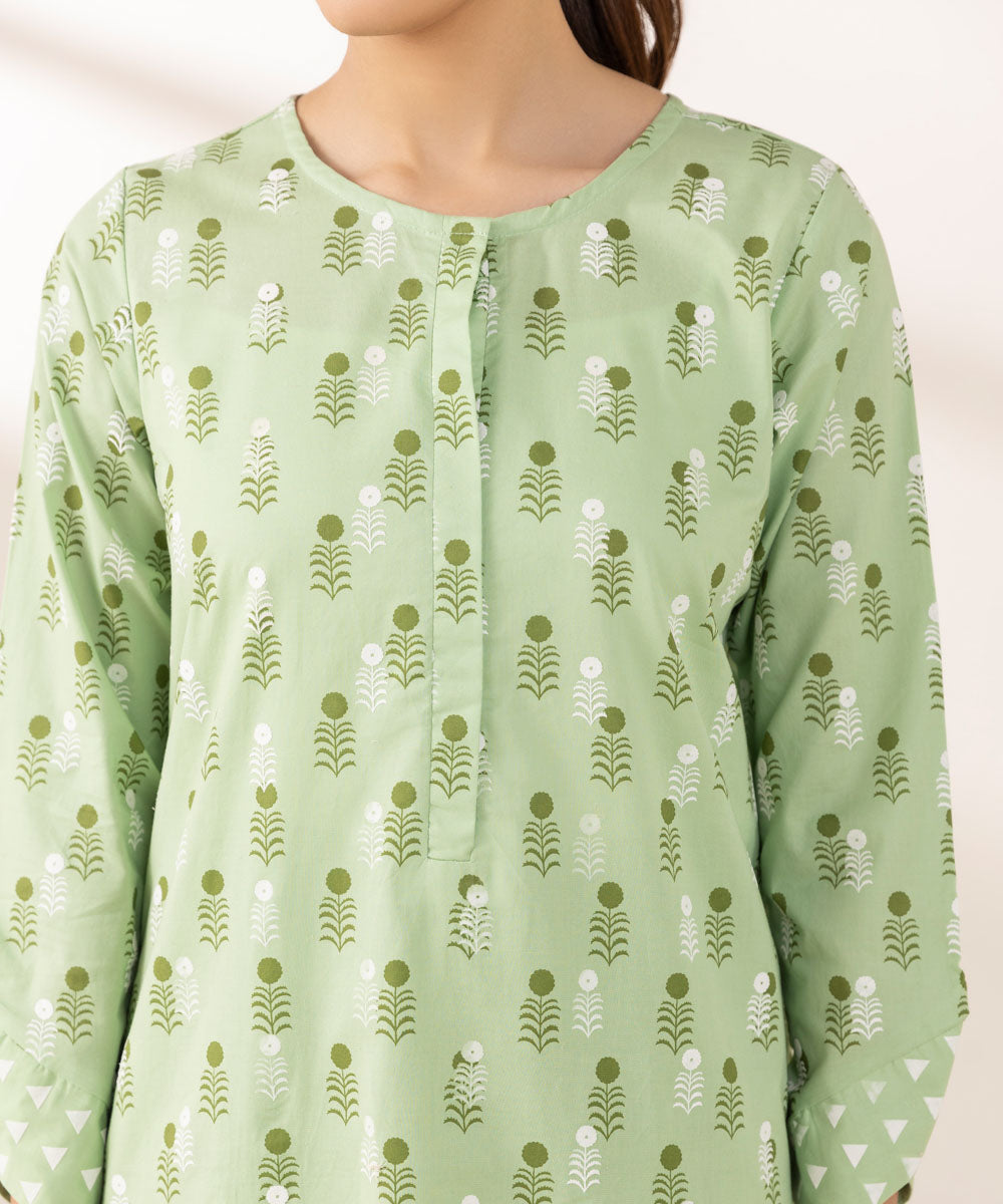 Women's Pret Cambric Printed Green A-Line Shirt