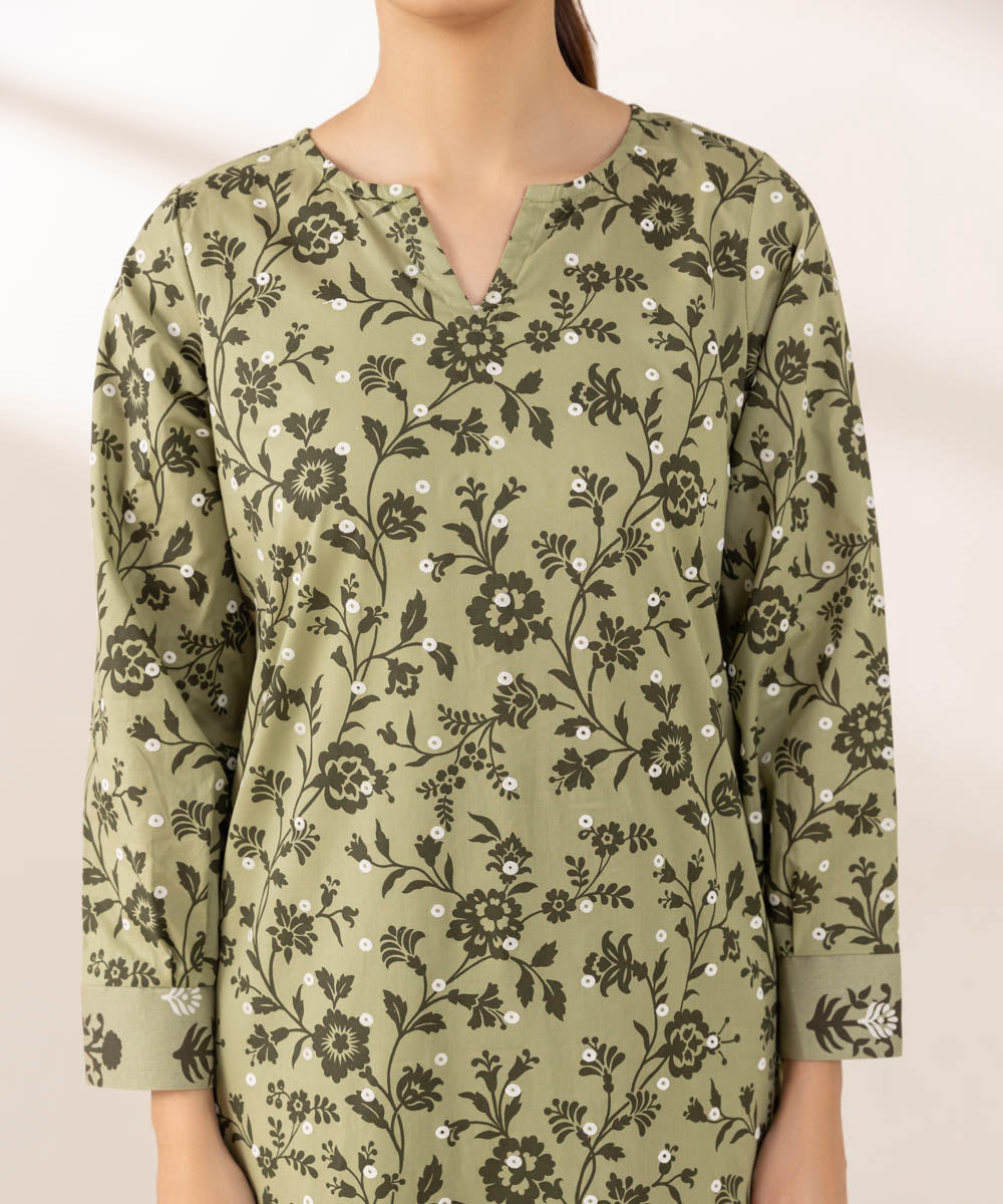 Women's Pret Cambric Printed Green A-Line Shirt