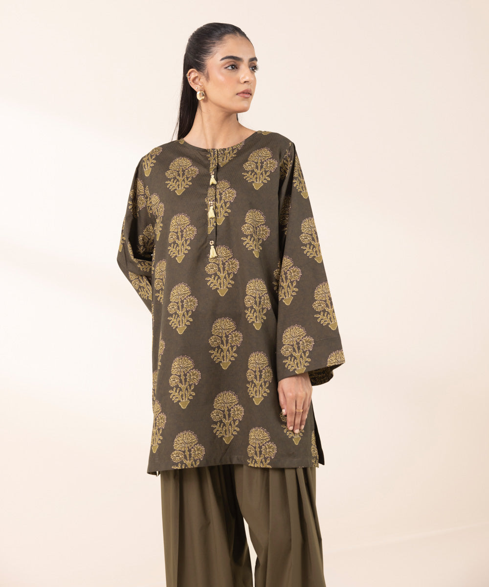 Women's RTW Dobby Brown Printed Boxy Shirt