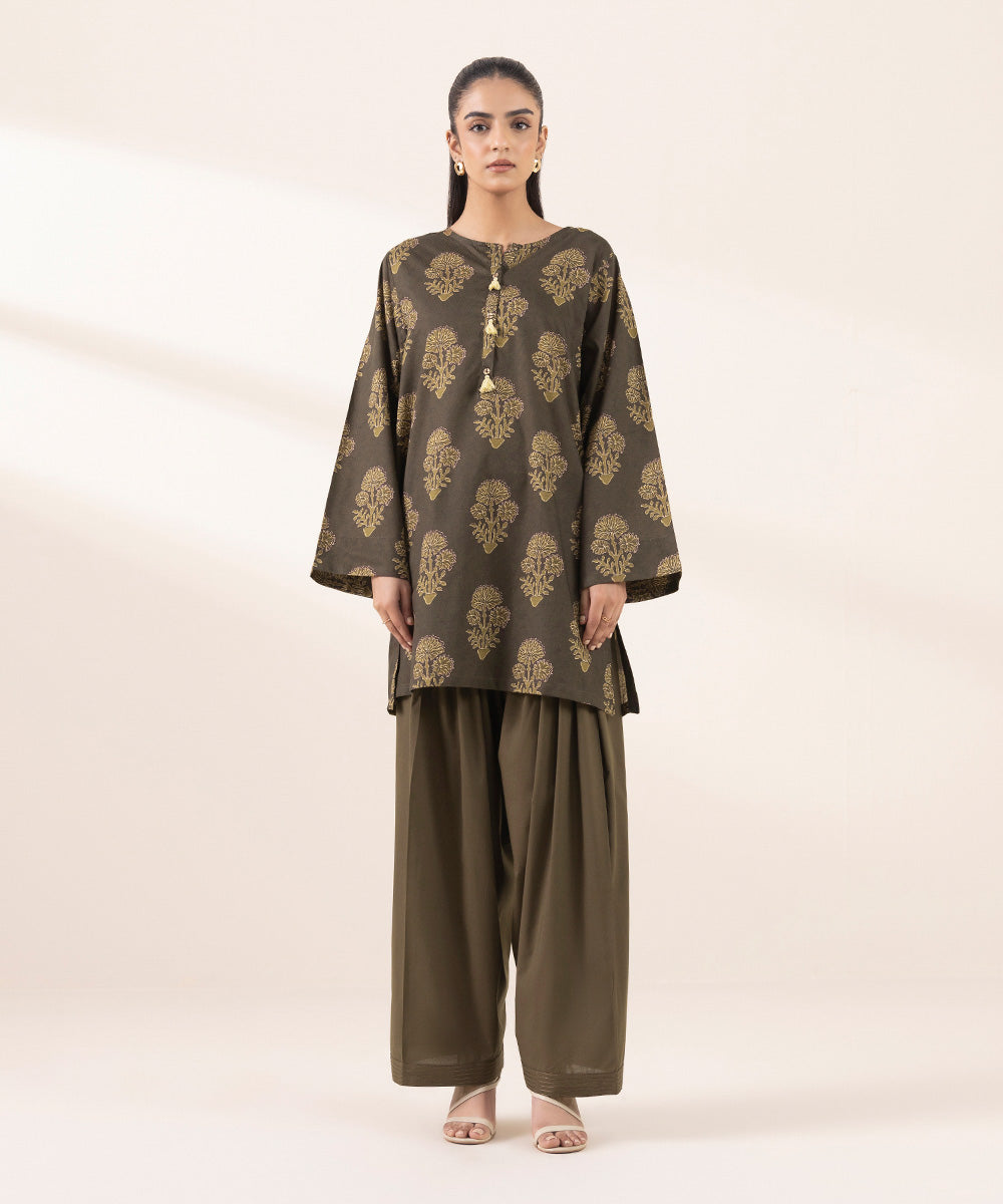 Women's RTW Dobby Brown Printed Boxy Shirt