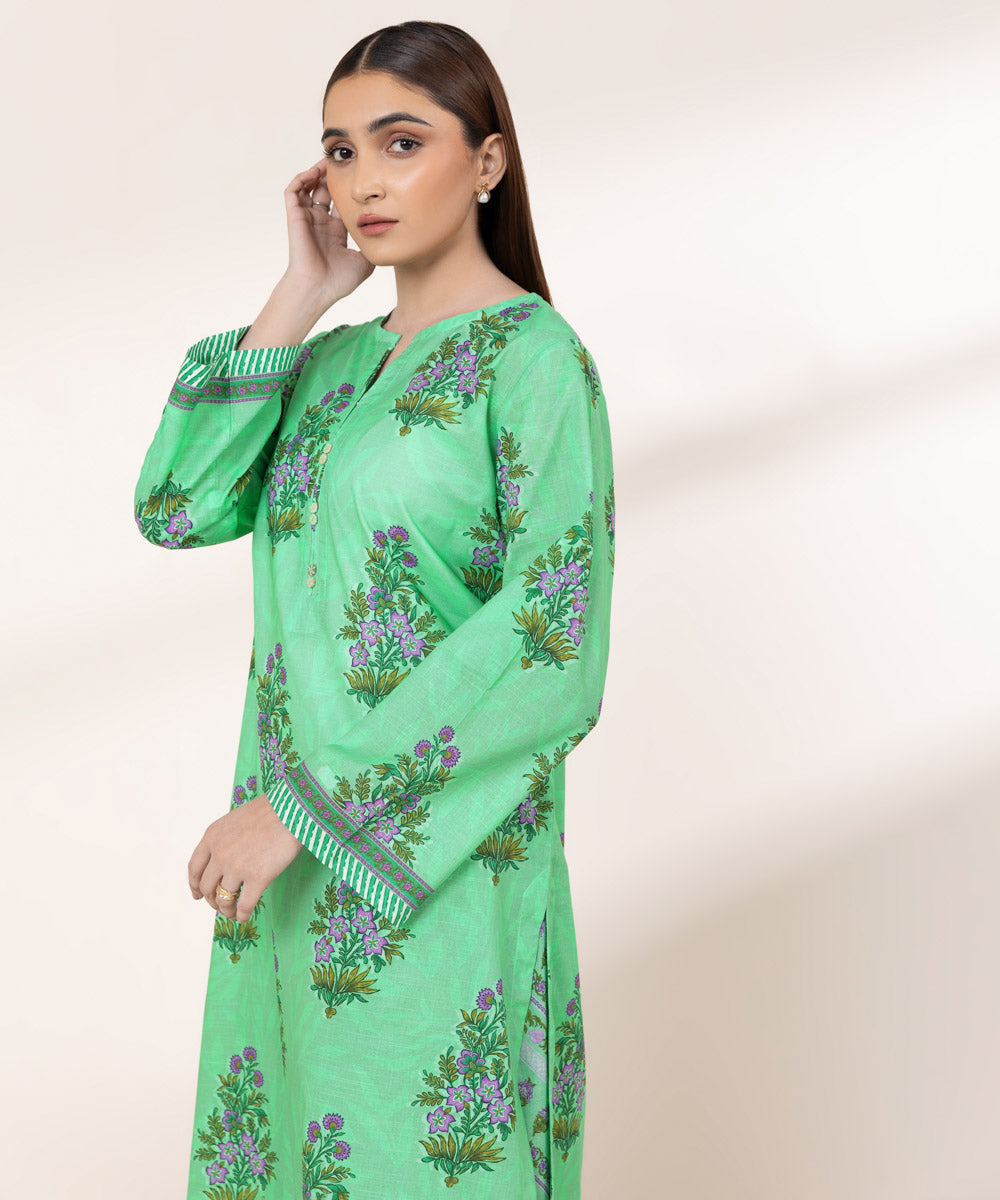 Women's RTW Textured Lawn Green Printed A-Line Shirt