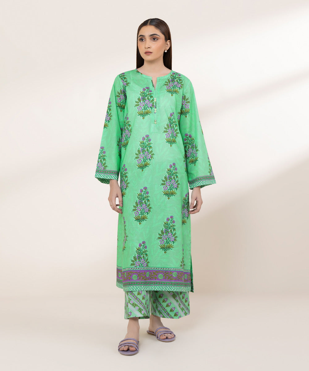 Women's RTW Textured Lawn Green Printed A-Line Shirt