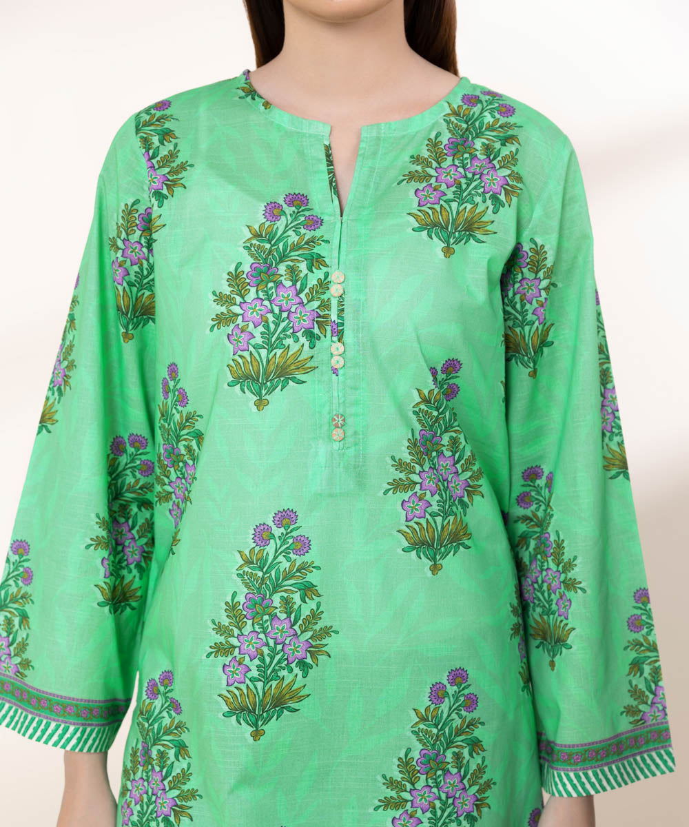 Women's RTW Textured Lawn Green Printed A-Line Shirt