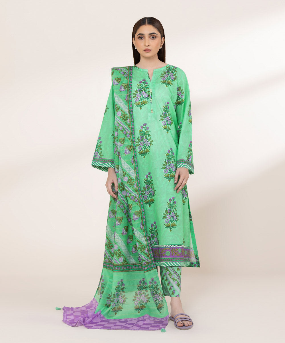 Women's RTW Textured Lawn Green Printed A-Line Shirt