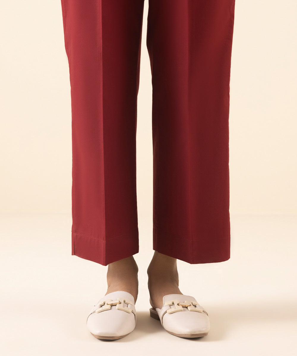 Women's Pret Cambric Red Solid Straight Pants