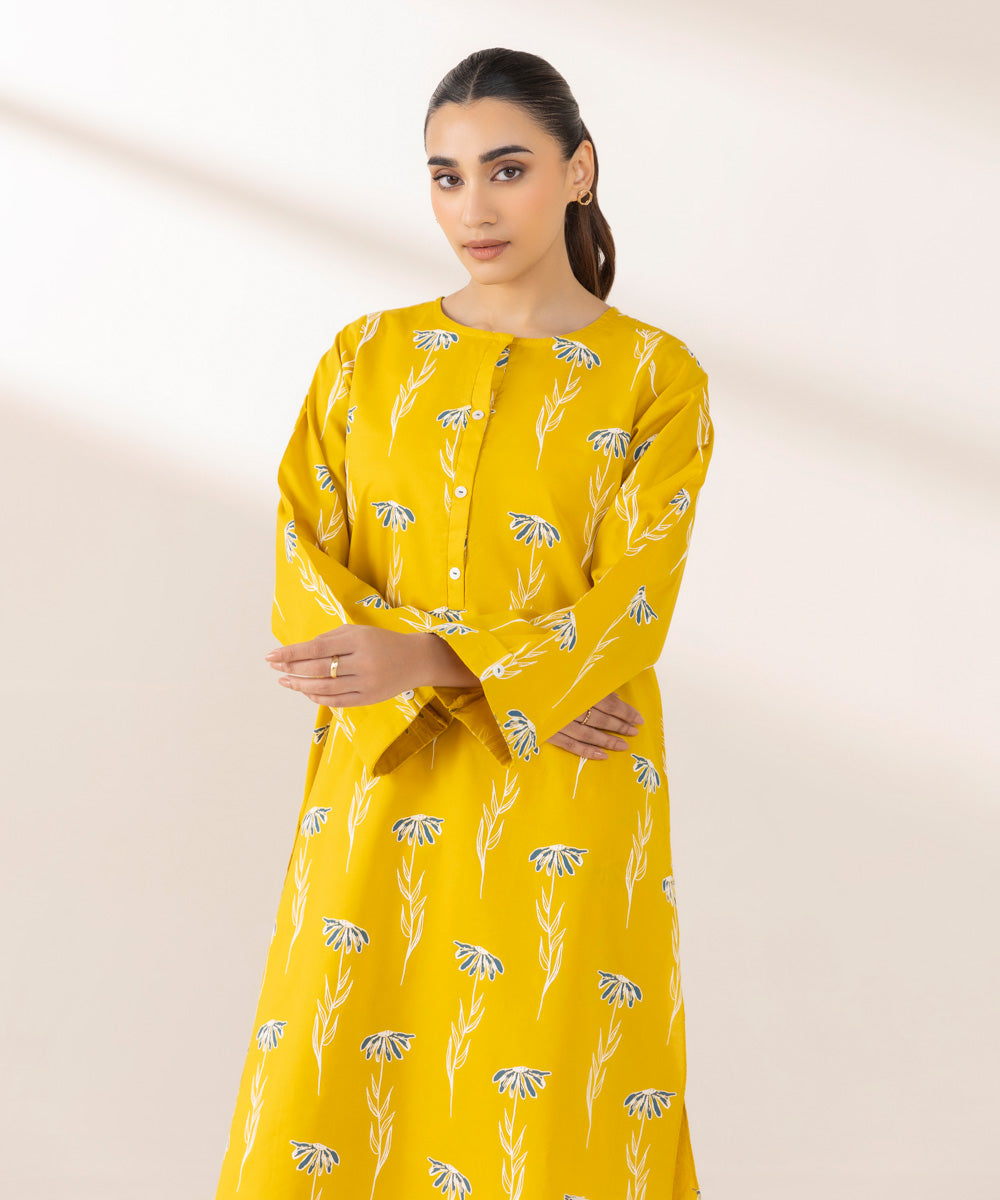 Women's Pret Cambric Printed Yellow Straight Shirt