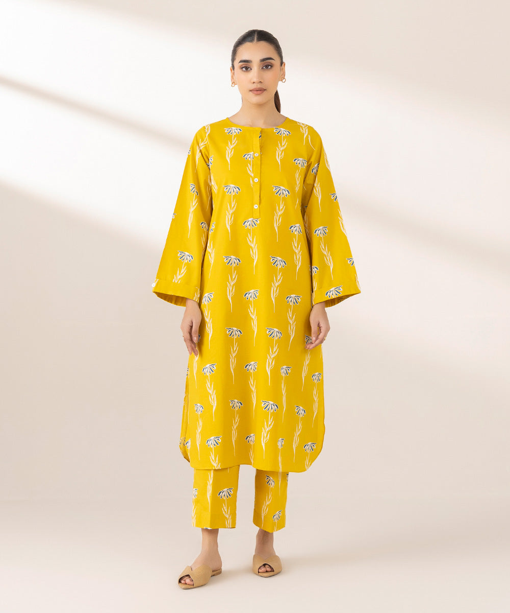 Women's Pret Cambric Printed Yellow Straight Shirt