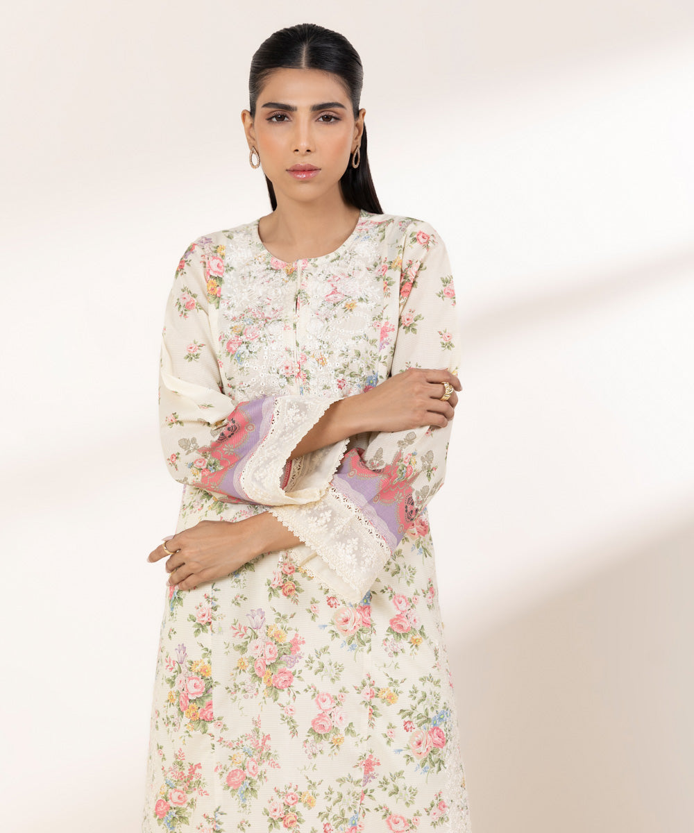 Women's RTW Zari Lawn Off White Embroidered A-Line Shirt