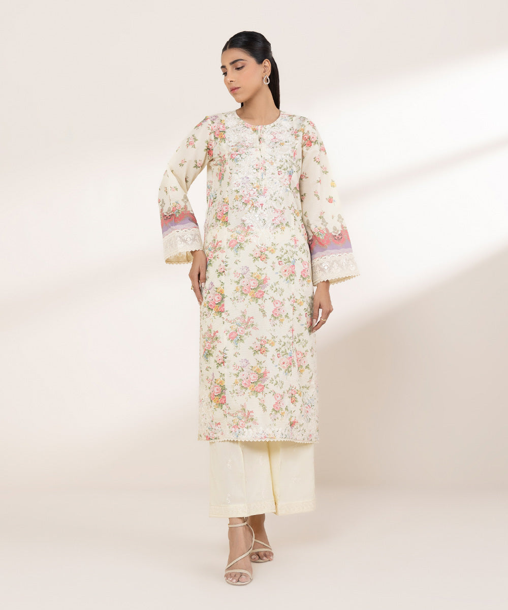 Women's RTW Zari Lawn Off White Embroidered A-Line Shirt
