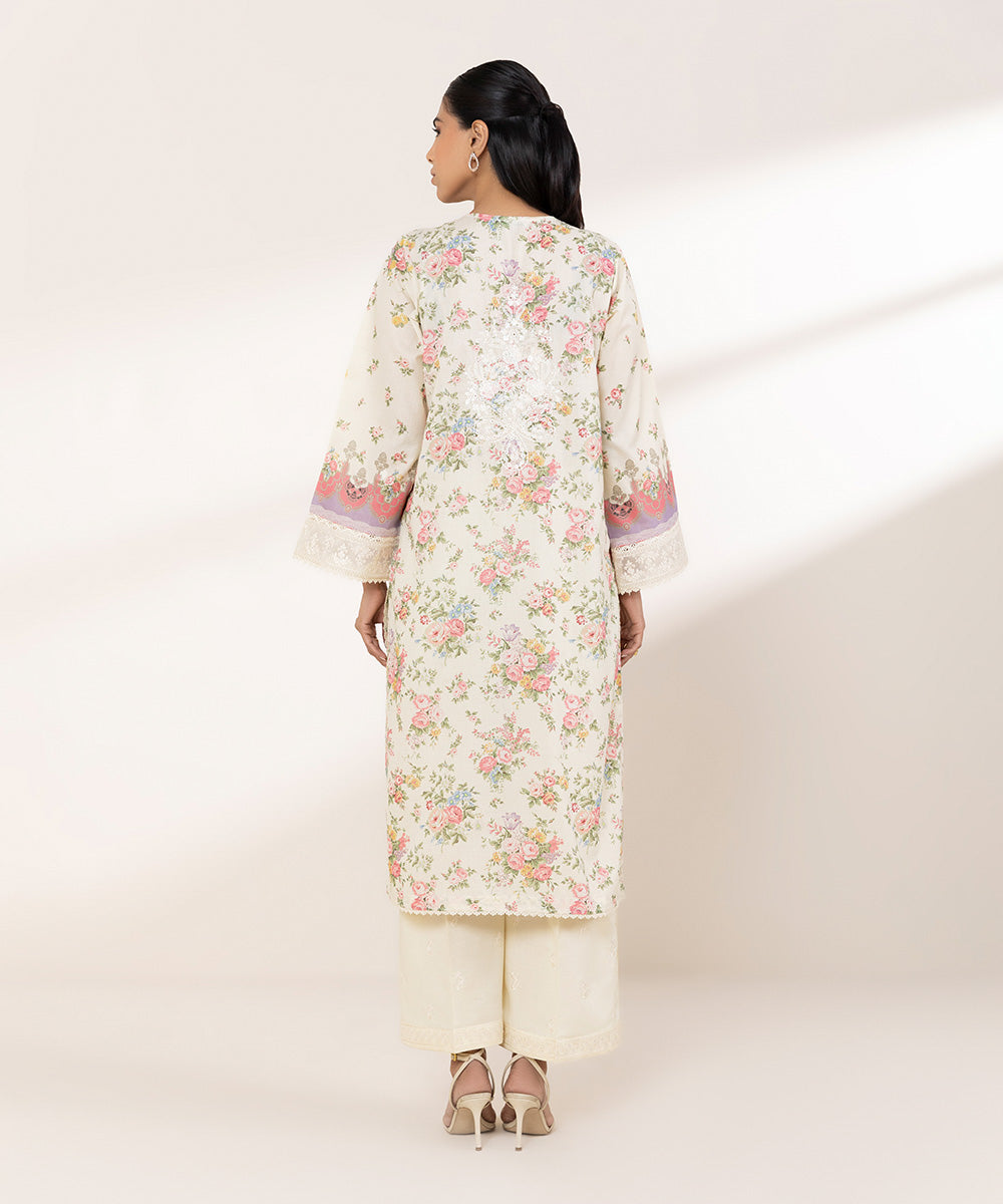 Women's RTW Zari Lawn Off White Embroidered A-Line Shirt