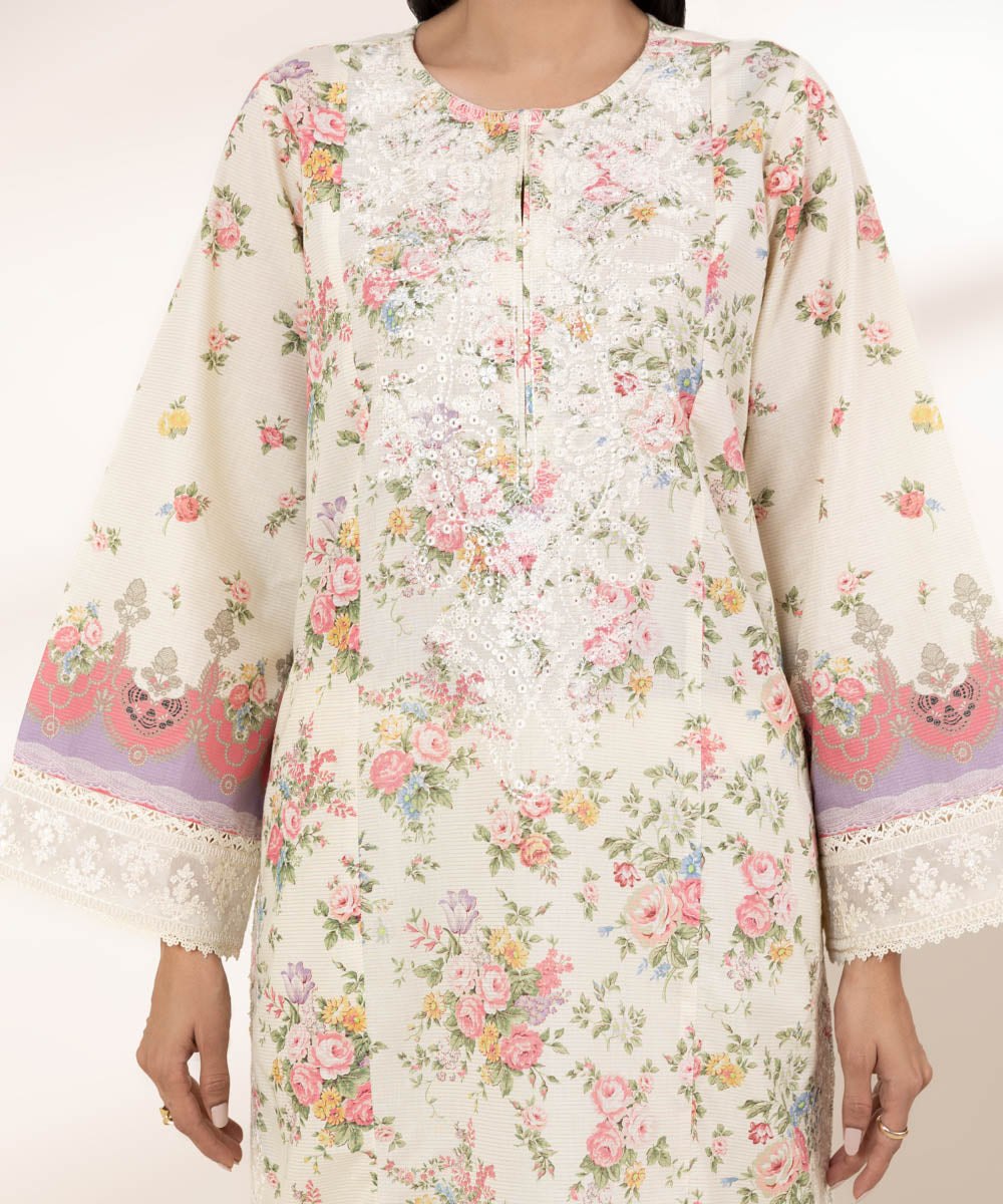 Women's RTW Zari Lawn Off White Embroidered A-Line Shirt