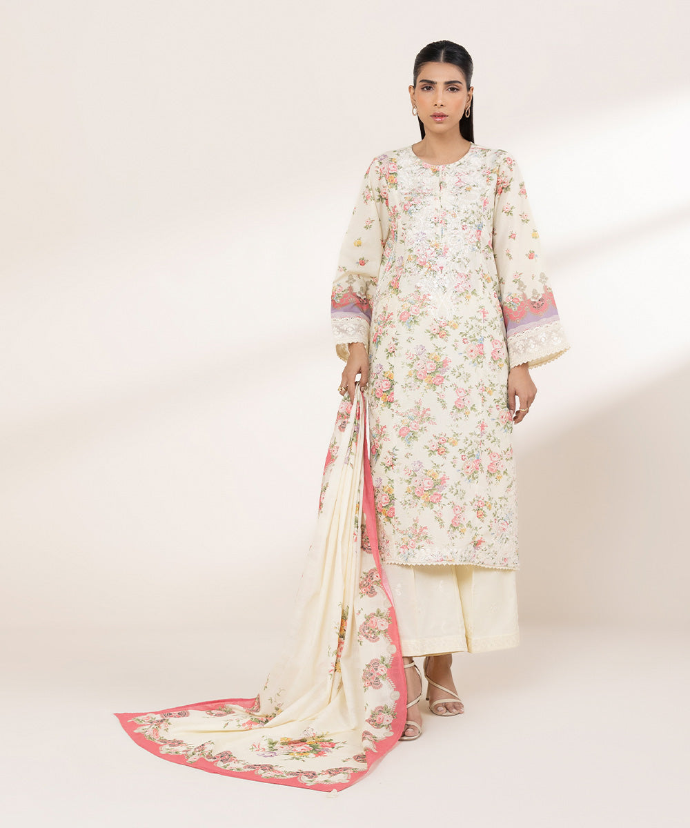 Women's RTW Zari Lawn Off White Embroidered A-Line Shirt
