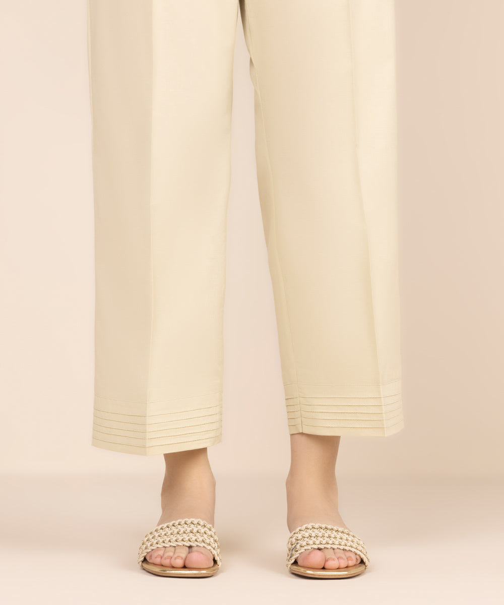 Women's RTW Cambric Beige Solid Straight Pants