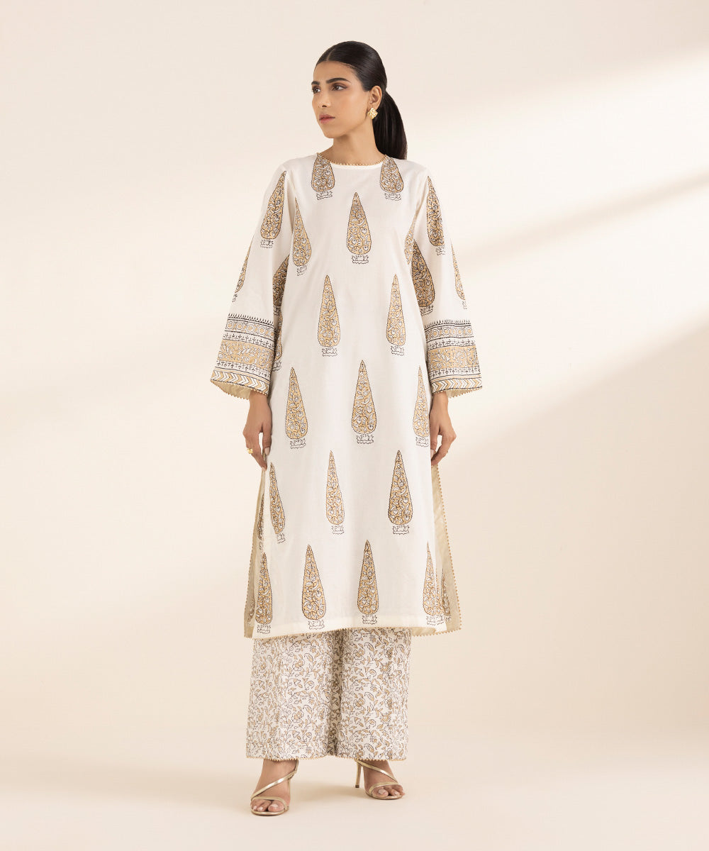 Women's RTW Lawn White Printed A-Line Shirt