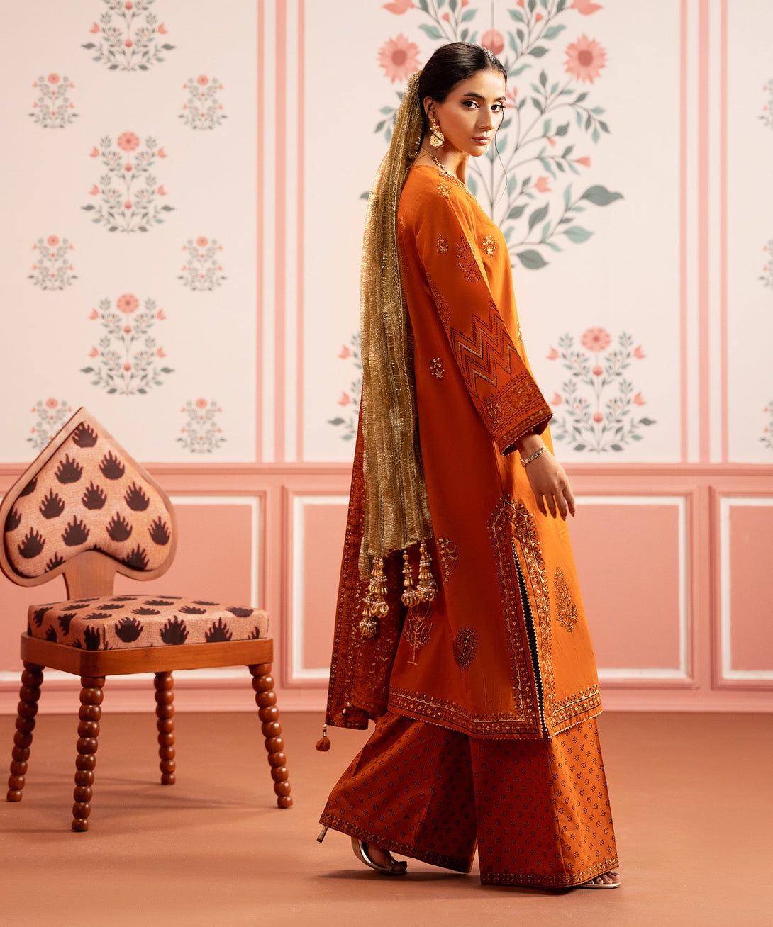 Women's RTW Cambric Orange Printed Flared Pants