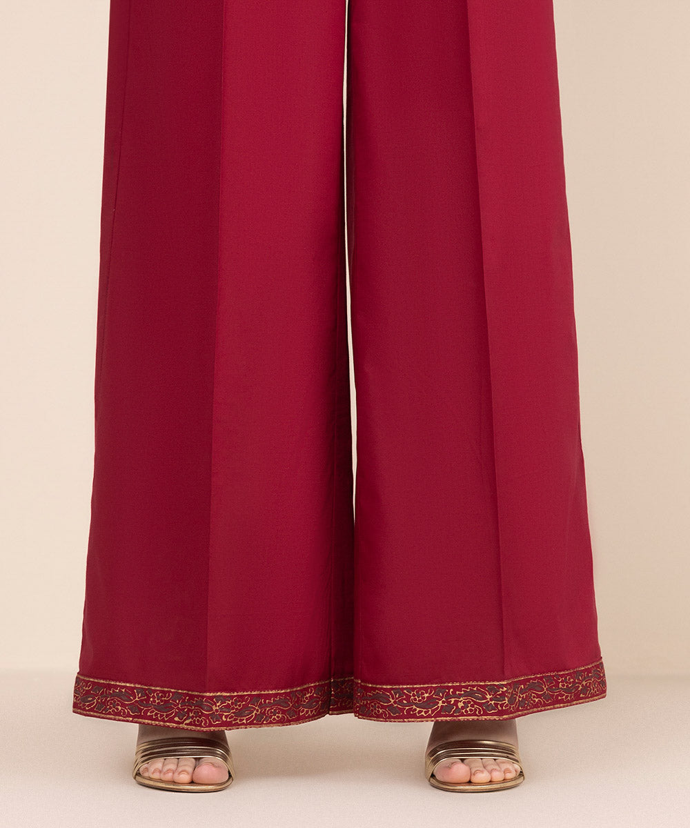 Women's RTW Cambric Red Solid Flared Pants