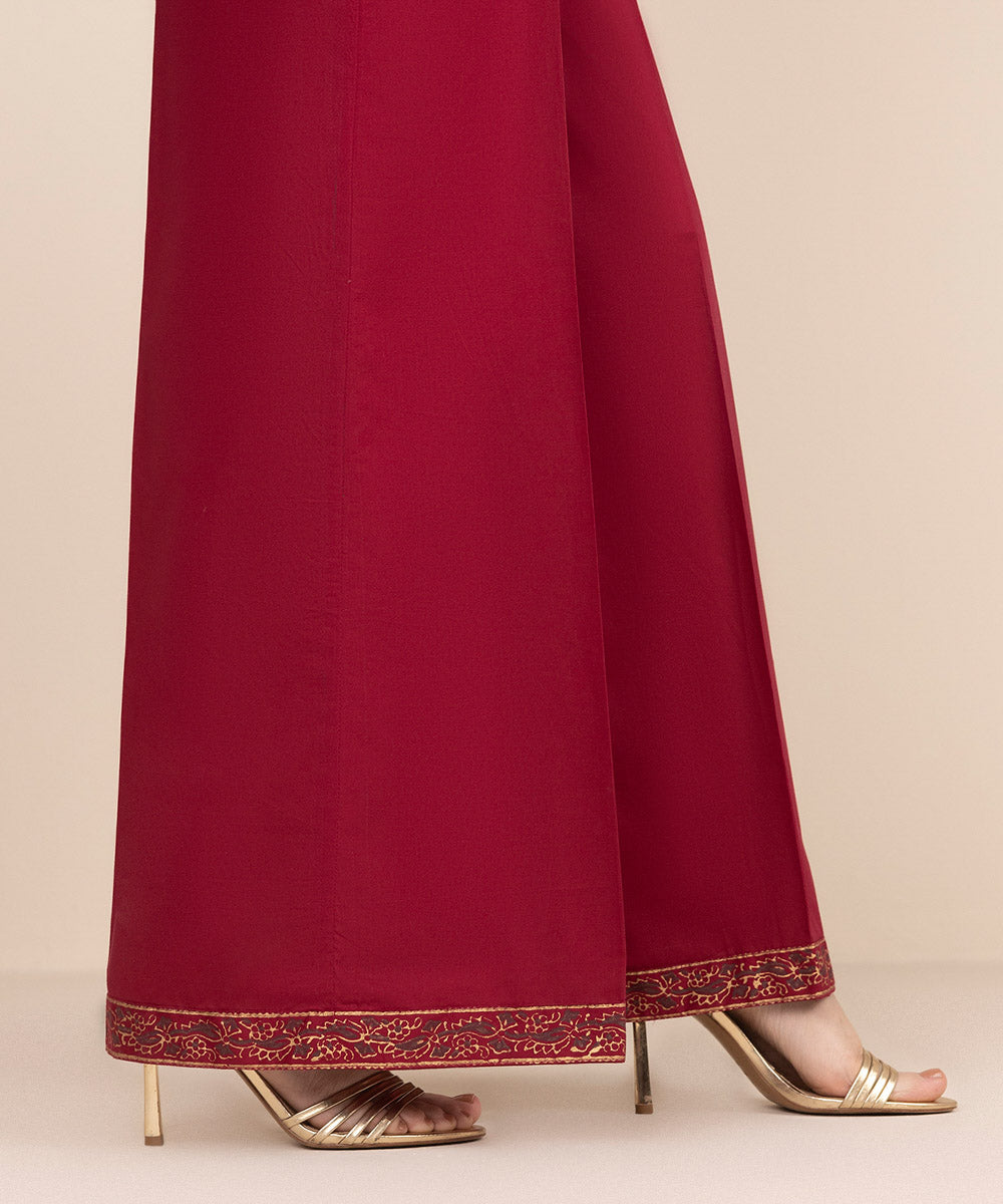 Women's RTW Cambric Red Solid Flared Pants
