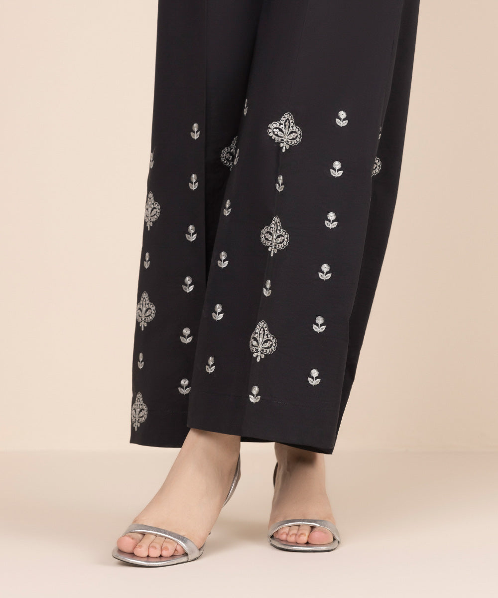 Women's RTW Cambric Black Embroidered Flared Pants