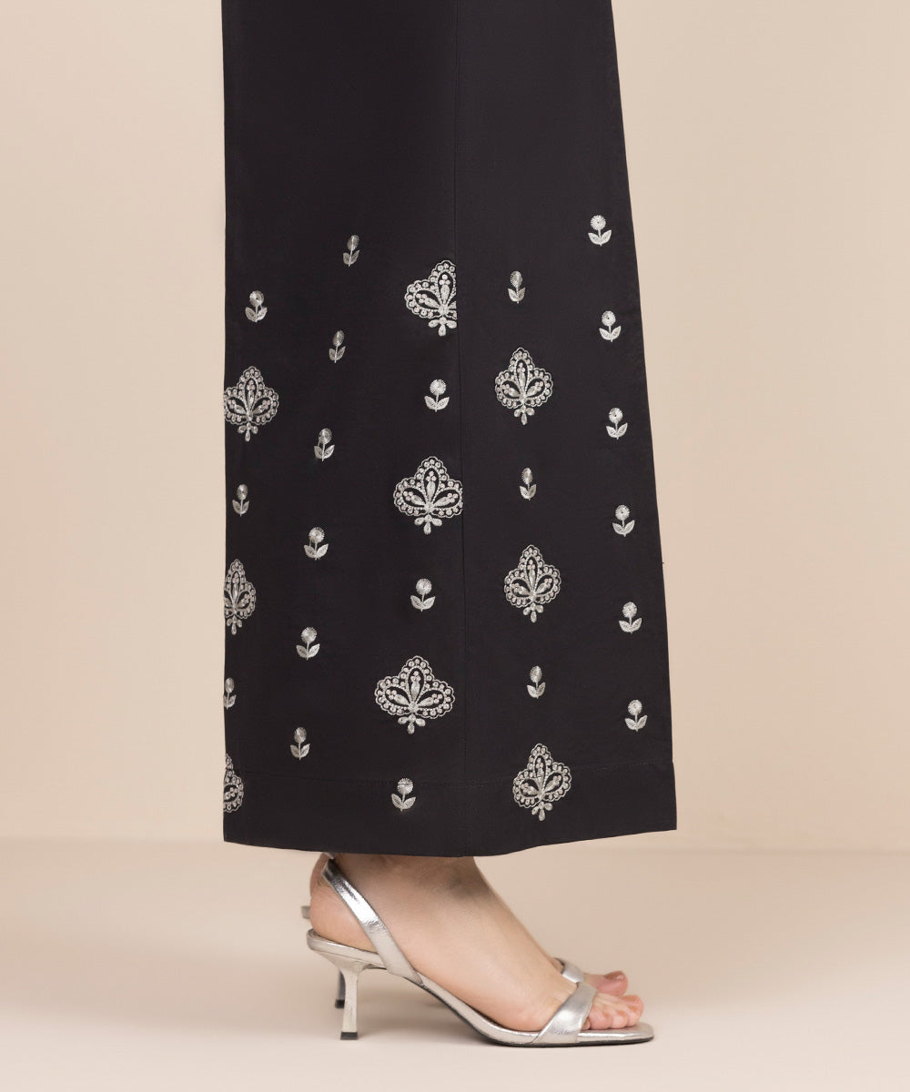 Women's RTW Cambric Black Embroidered Flared Pants