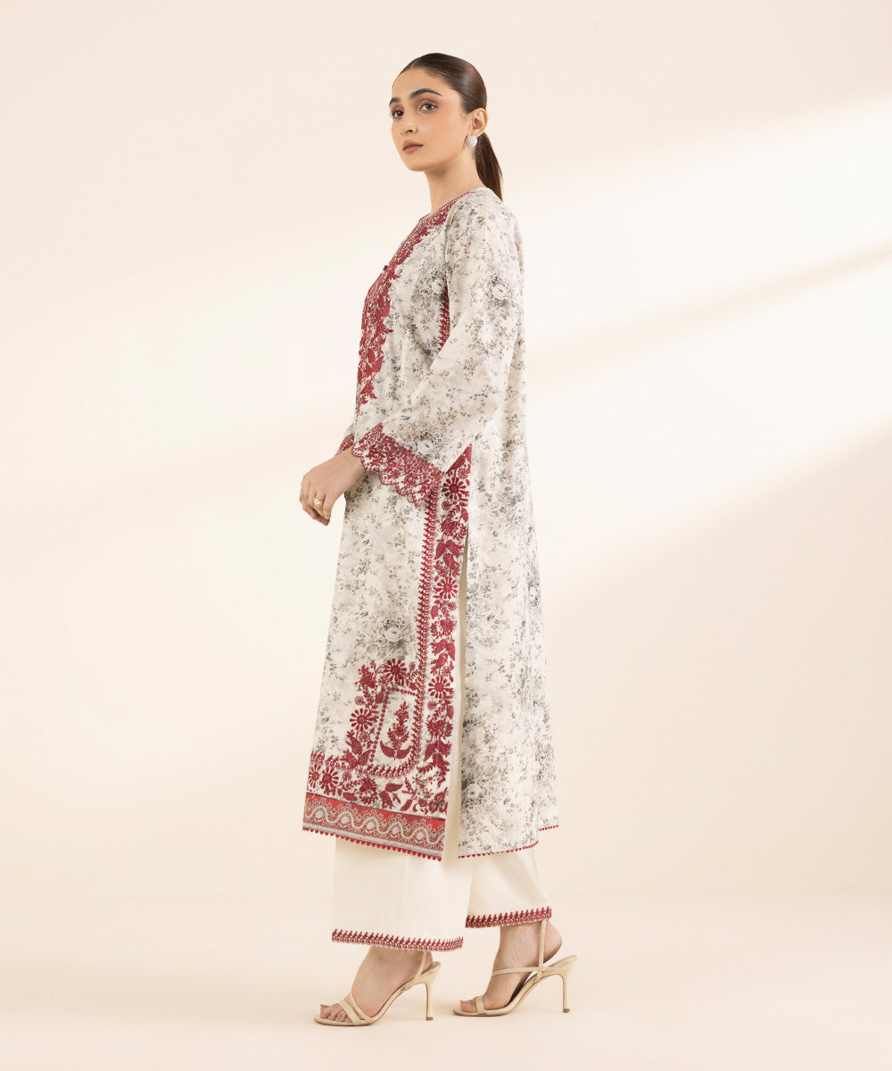 Women's RTW Zari Lawn Off White Embroidered A-Line Shirt