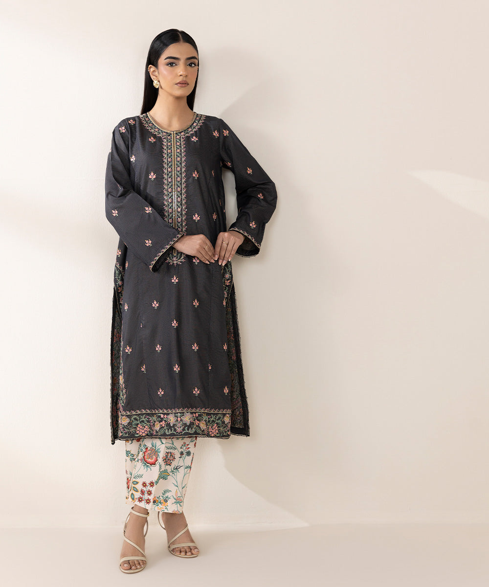 Women's Pret Zari Lawn Black Embroidered A-Line Shirt