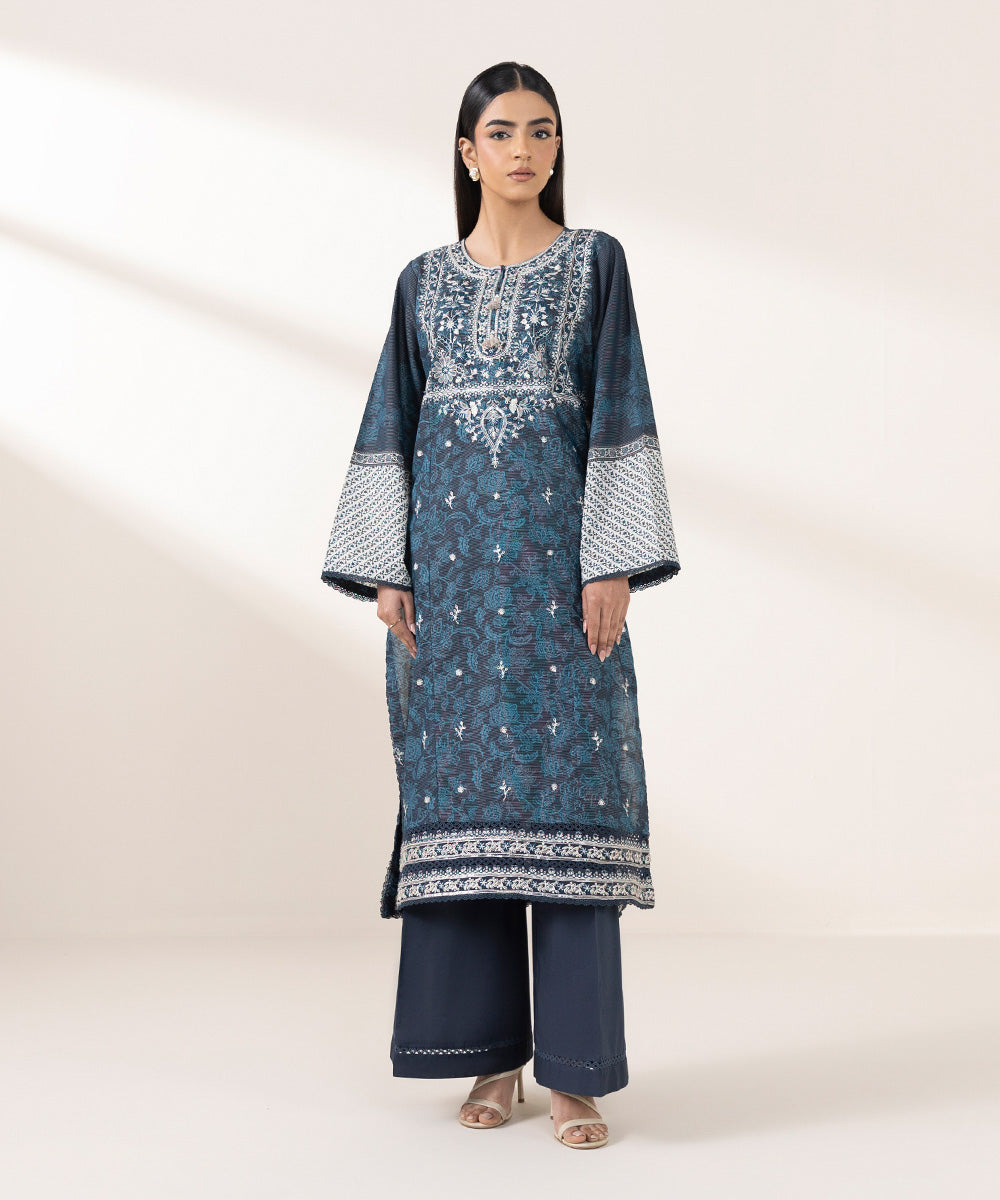 Women's Pret Zari Lawn Blue Embroidered A-Line Shirt