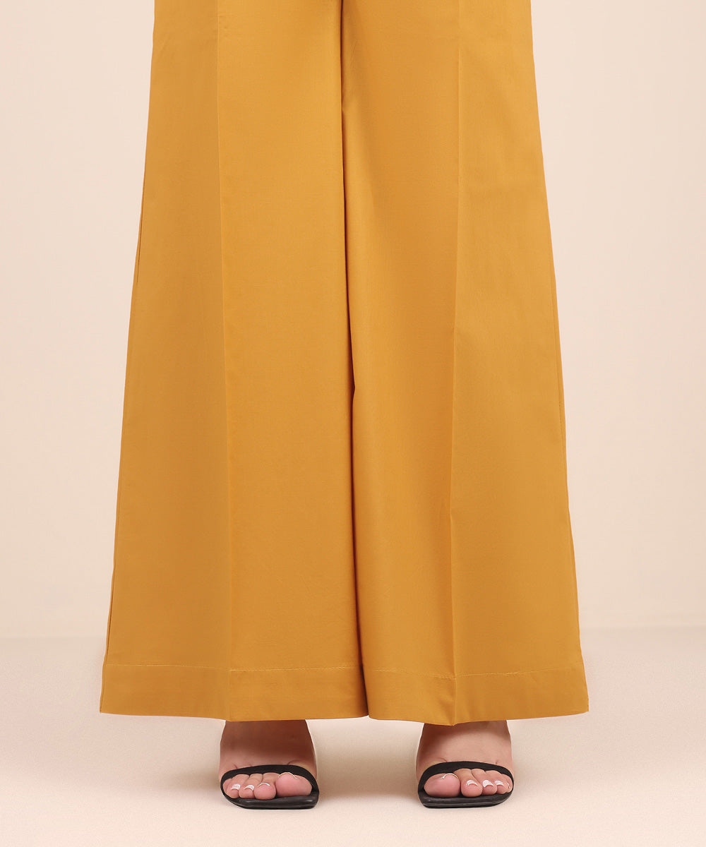 Women's Pret Cambric Yellow Solid Flared Pants