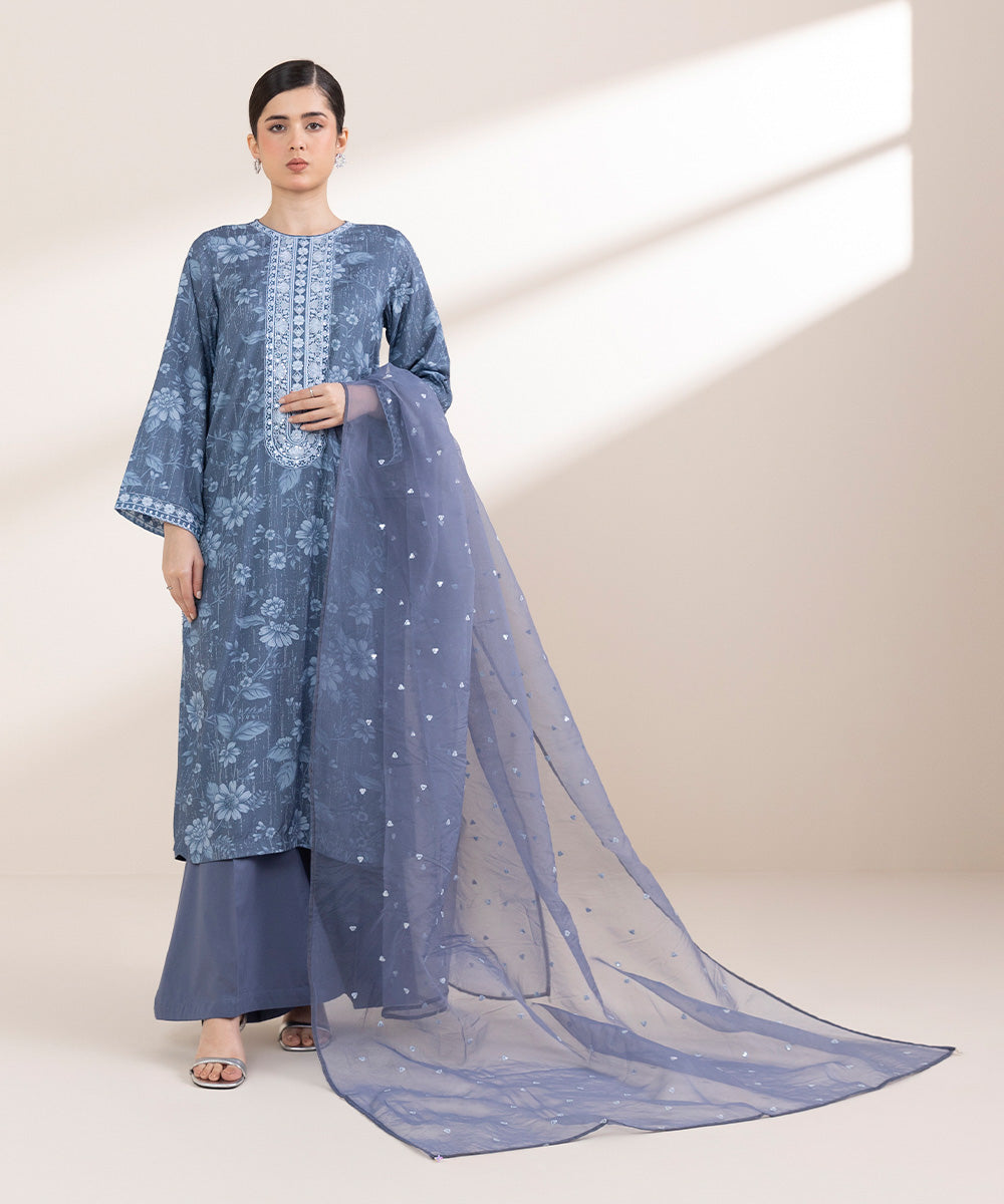 Blended Organza Blue Embroidered Dupatta