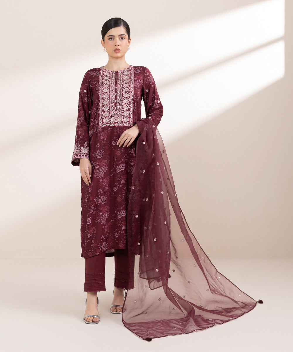 Blended Organza Red Embroidered Dupatta