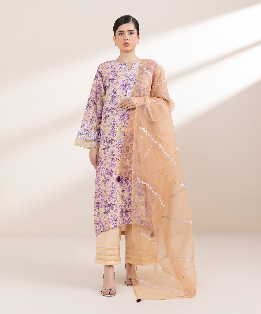 Blended Organza Beige Embroidered Dupatta