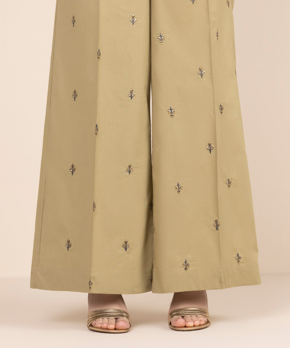 Women's RTW Cambric Brown Embroidered Flared Pants