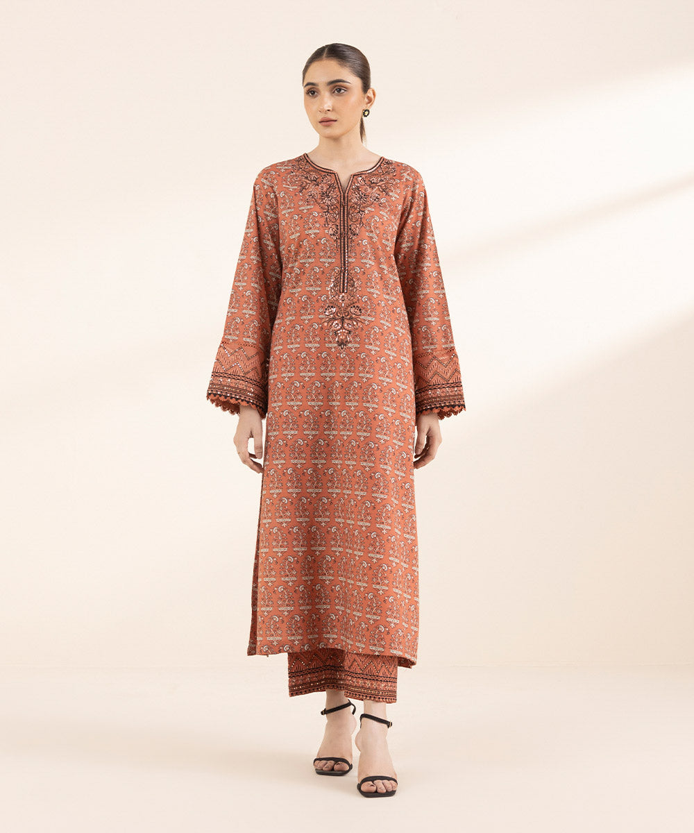 Women's RTW Lawn Orange Embroidered A-Line Shirt