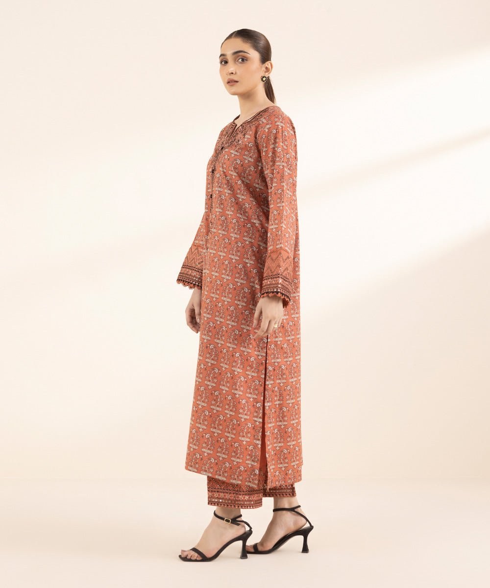 Women's RTW Lawn Orange Embroidered A-Line Shirt