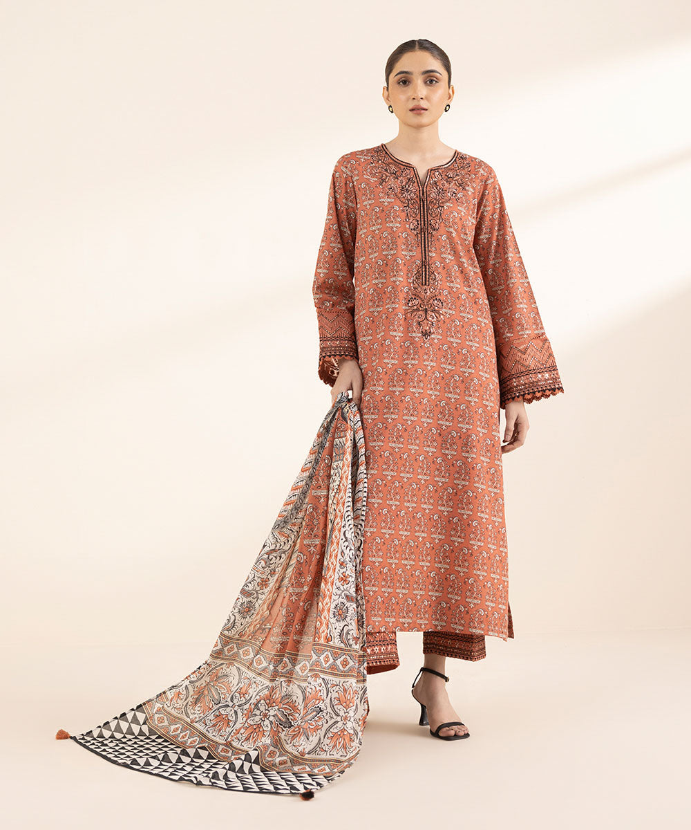 Women's RTW Lawn Orange Embroidered A-Line Shirt