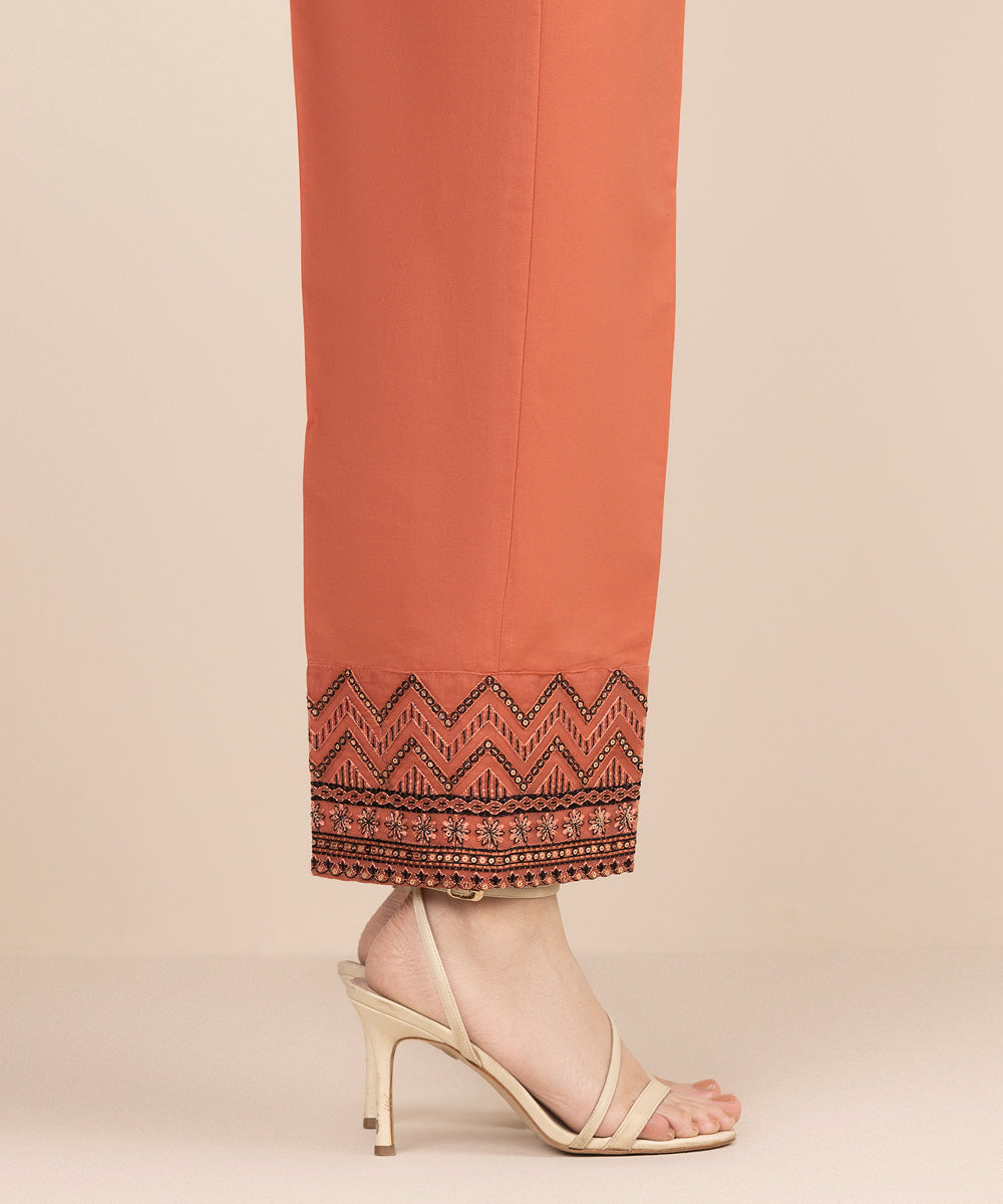 Women's RTW Cambric Orange Embroidered Straight Pants
