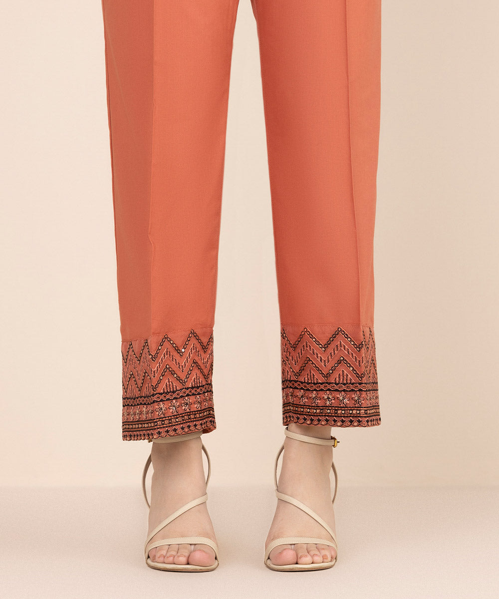 Women's RTW Cambric Orange Embroidered Straight Pants