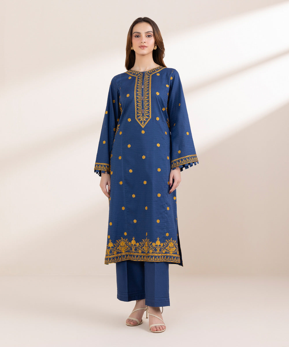 Women's Pret Dobby Blue Embroidered A-Line Shirt