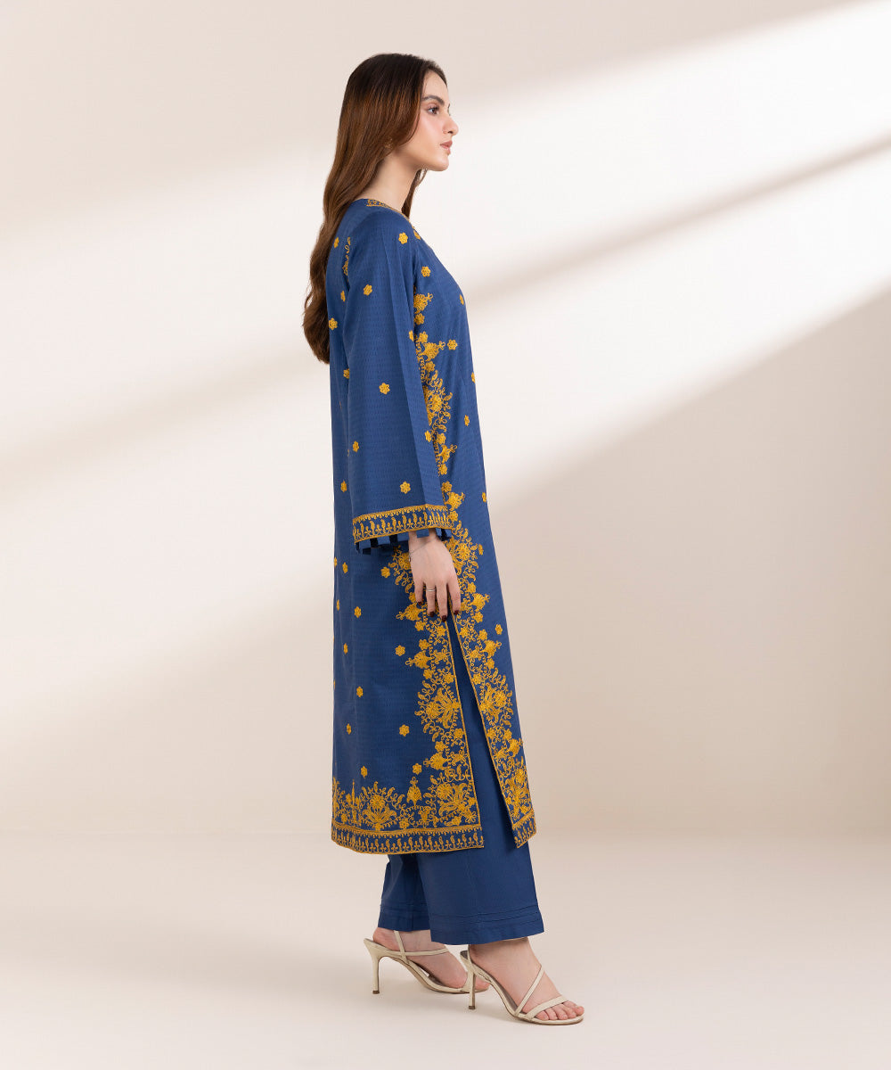 Women's Pret Dobby Blue Embroidered A-Line Shirt