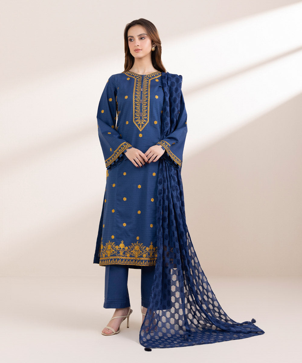 Women's Pret Dobby Blue Embroidered A-Line Shirt