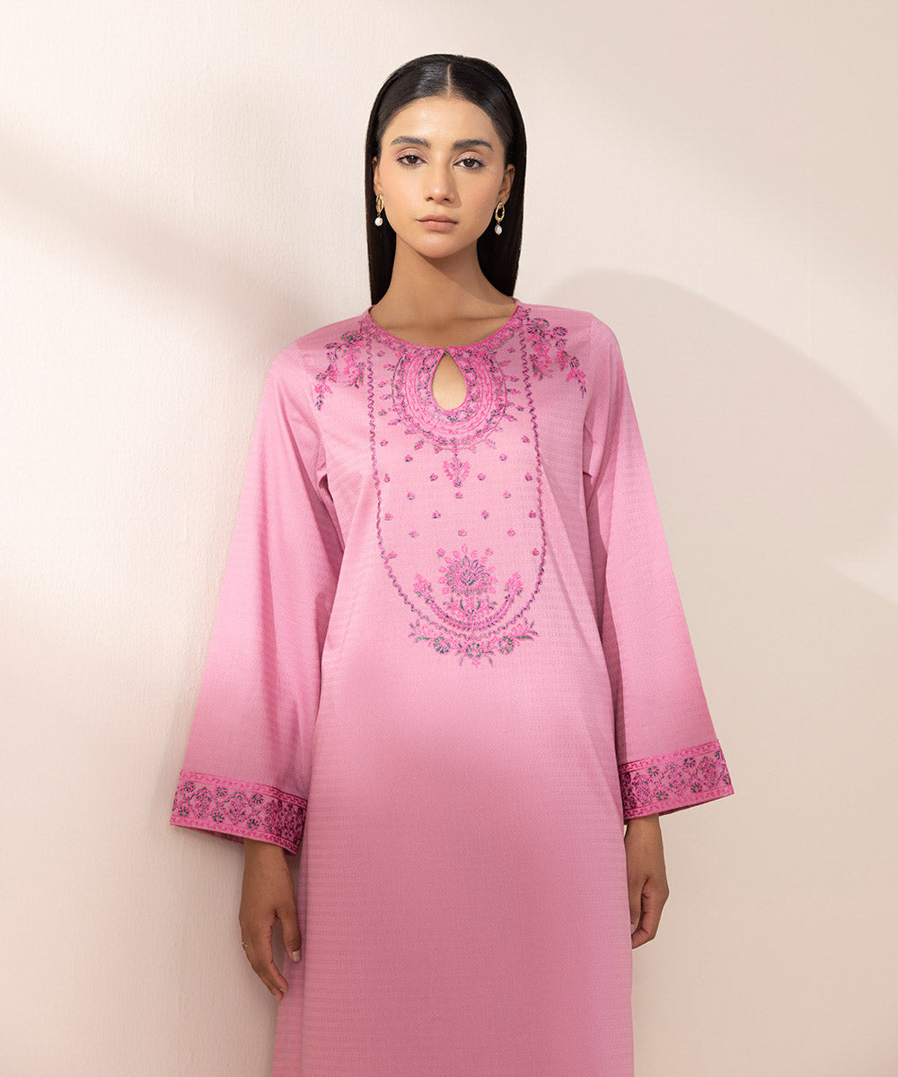 Women's Pret Dobby Pink Embroidered A-Line Shirt