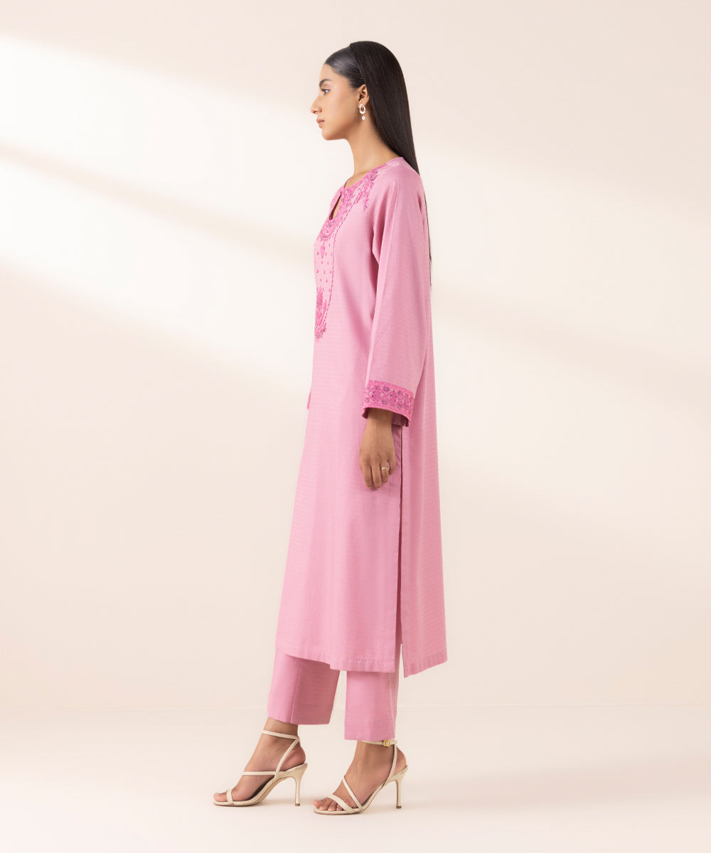 Women's Pret Dobby Pink Embroidered A-Line Shirt