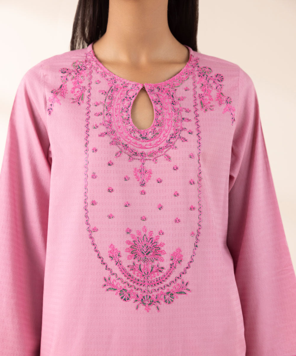 Women's Pret Dobby Pink Embroidered A-Line Shirt