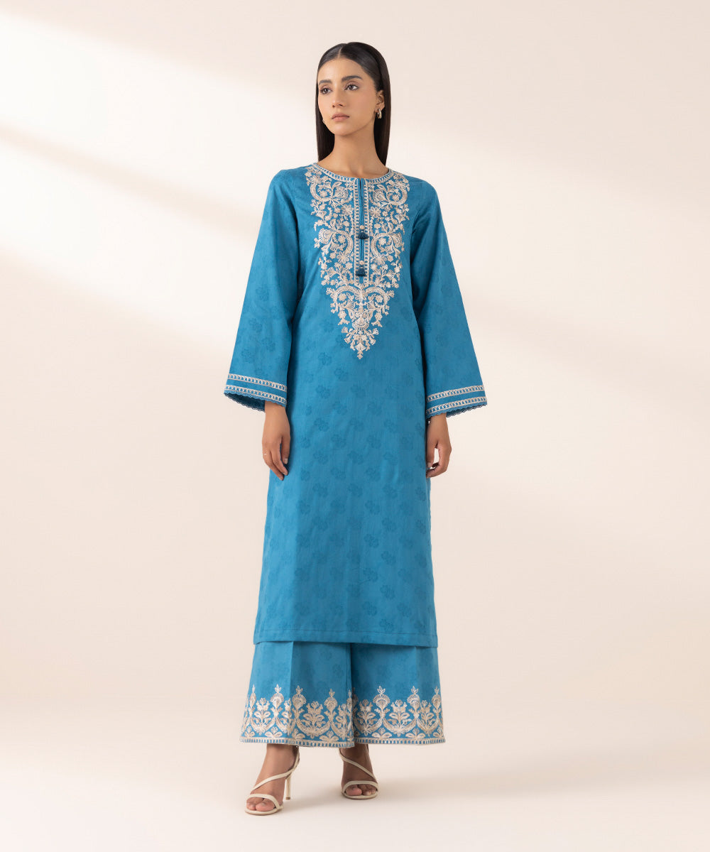 Women's Pret Yarn Dyed Blue Embroidered A-Line Shirt