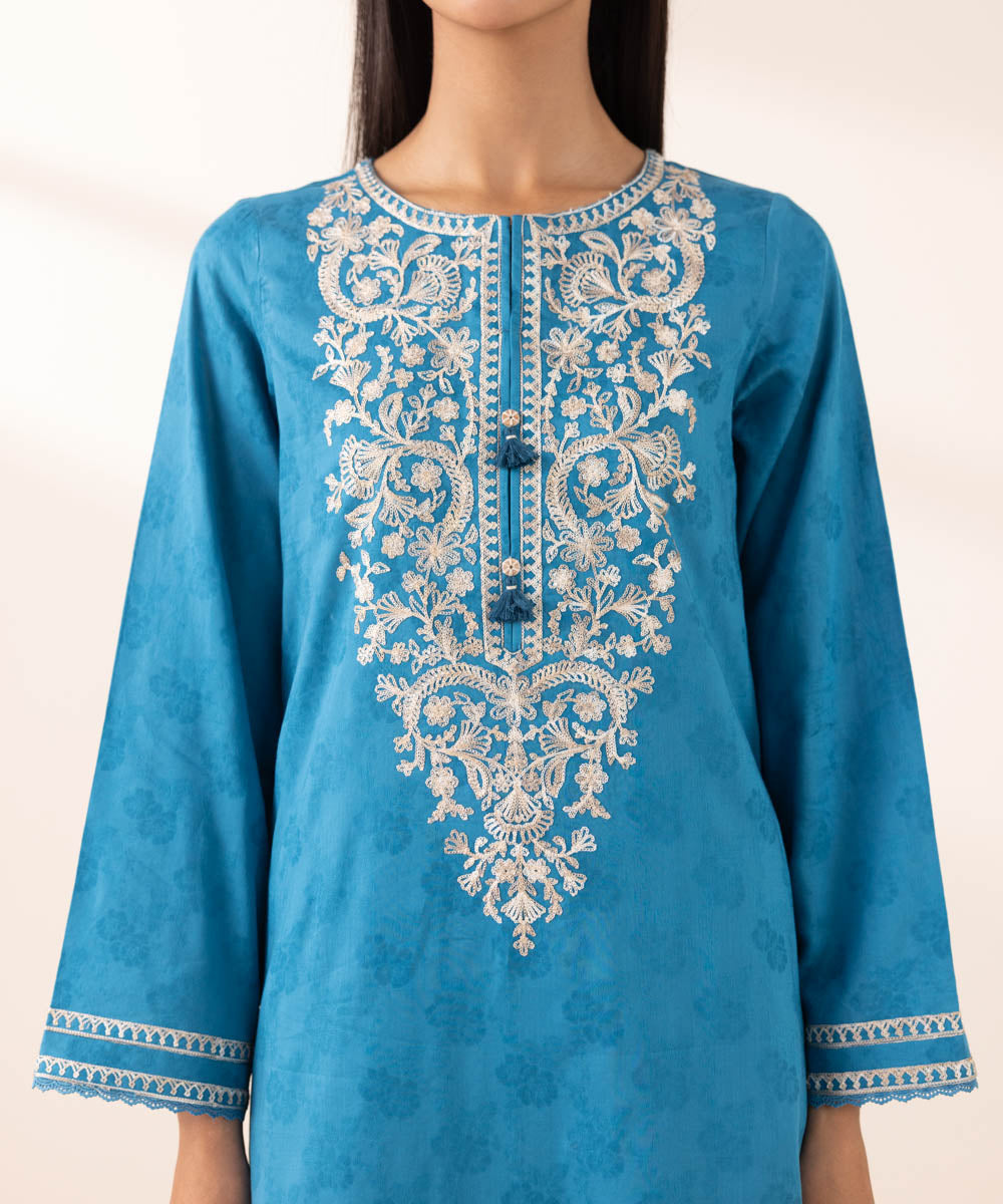 Women's Pret Yarn Dyed Blue Embroidered A-Line Shirt