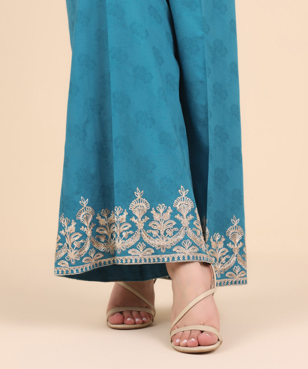 Women's Pret Textured Cotton Blue Embroidered Flared Pants