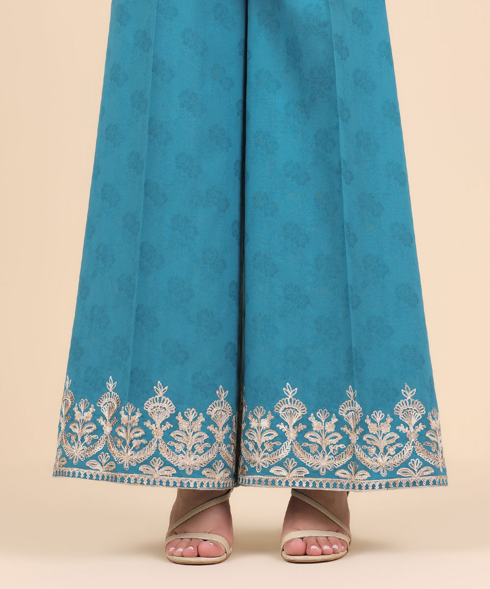Women's Pret Textured Cotton Blue Embroidered Flared Pants