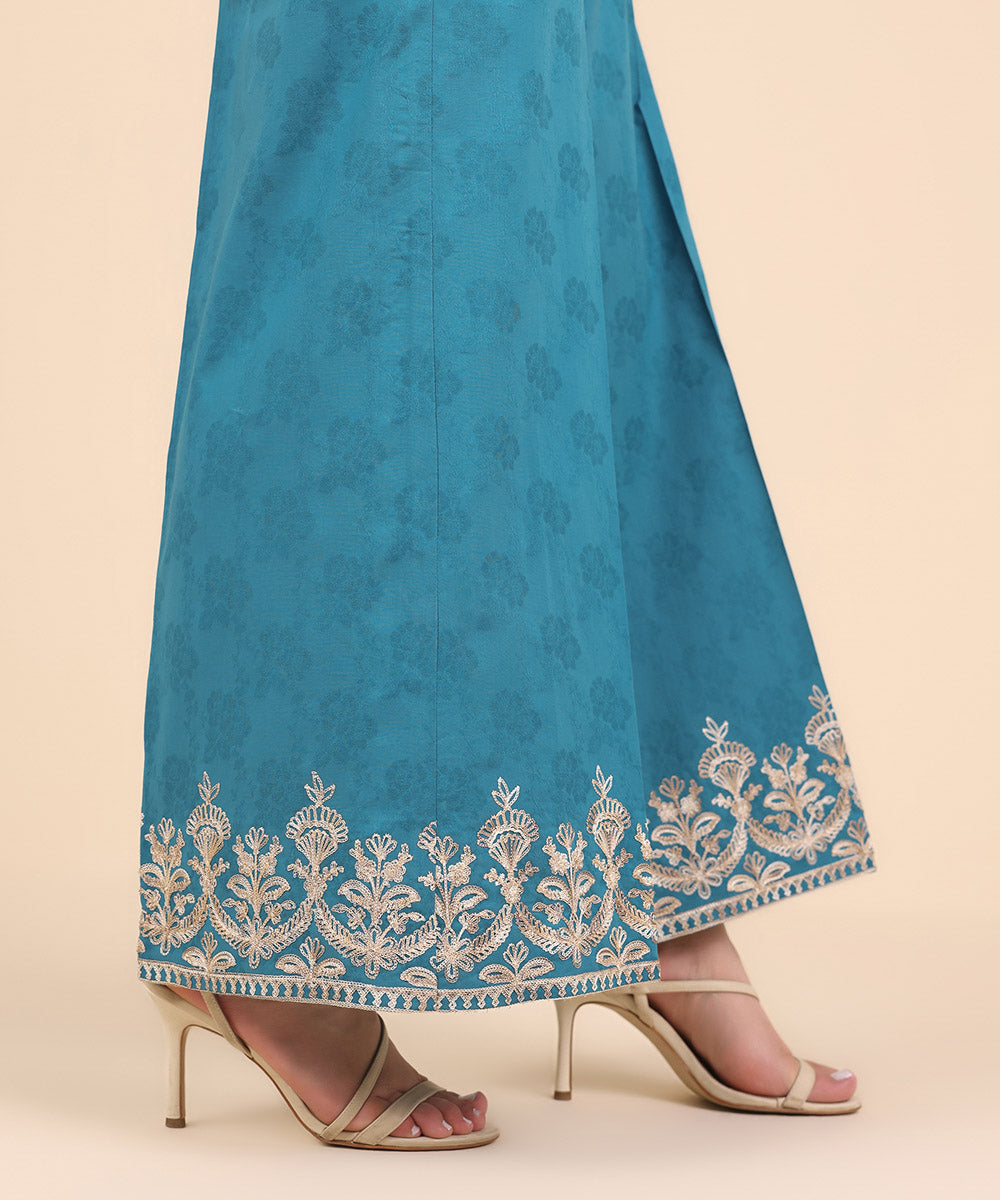 Women's Pret Textured Cotton Blue Embroidered Flared Pants
