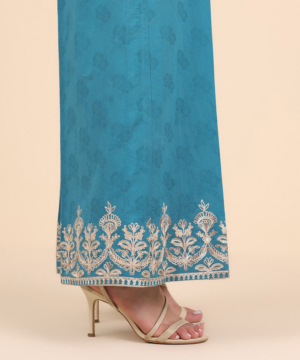 Women's Pret Textured Cotton Blue Embroidered Flared Pants